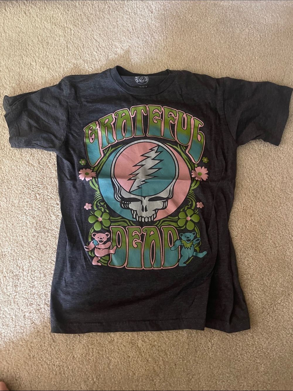 Grateful Dead Kids Black Graphic Tee with Pink & Teal Design